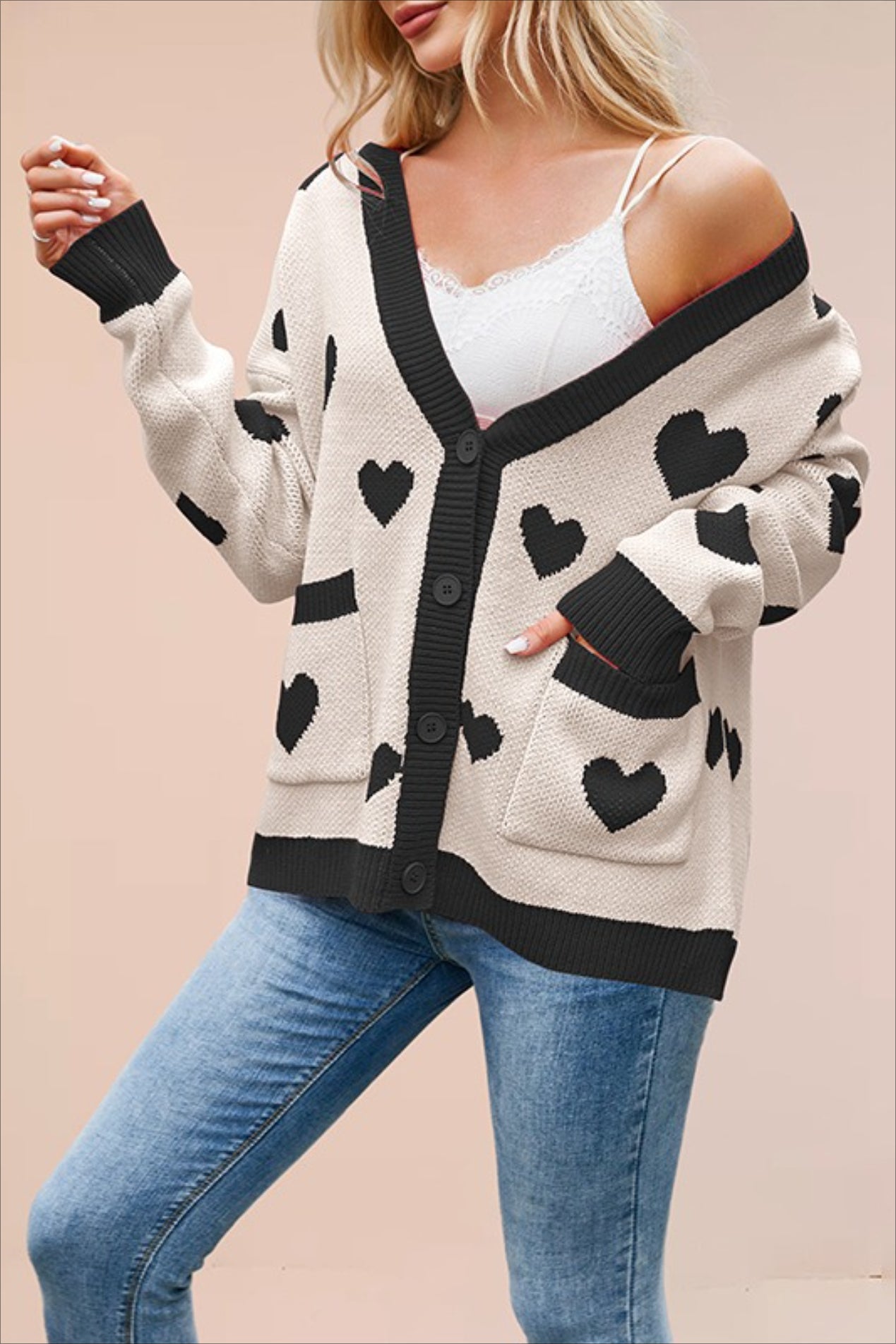 Heart Pocket V Neck Cardigan