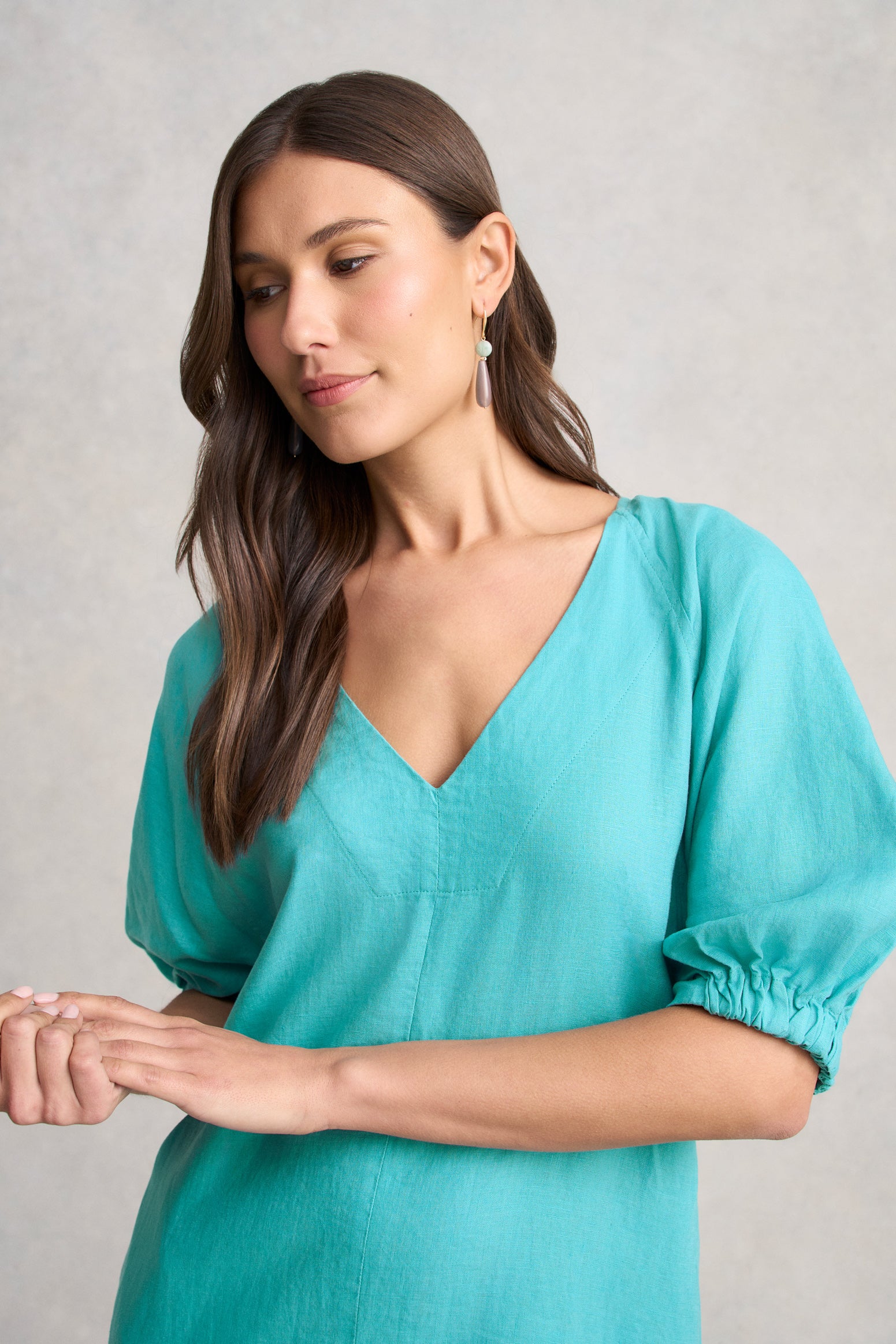 Raglan Sleeve Linen Dress - Aqua Blue