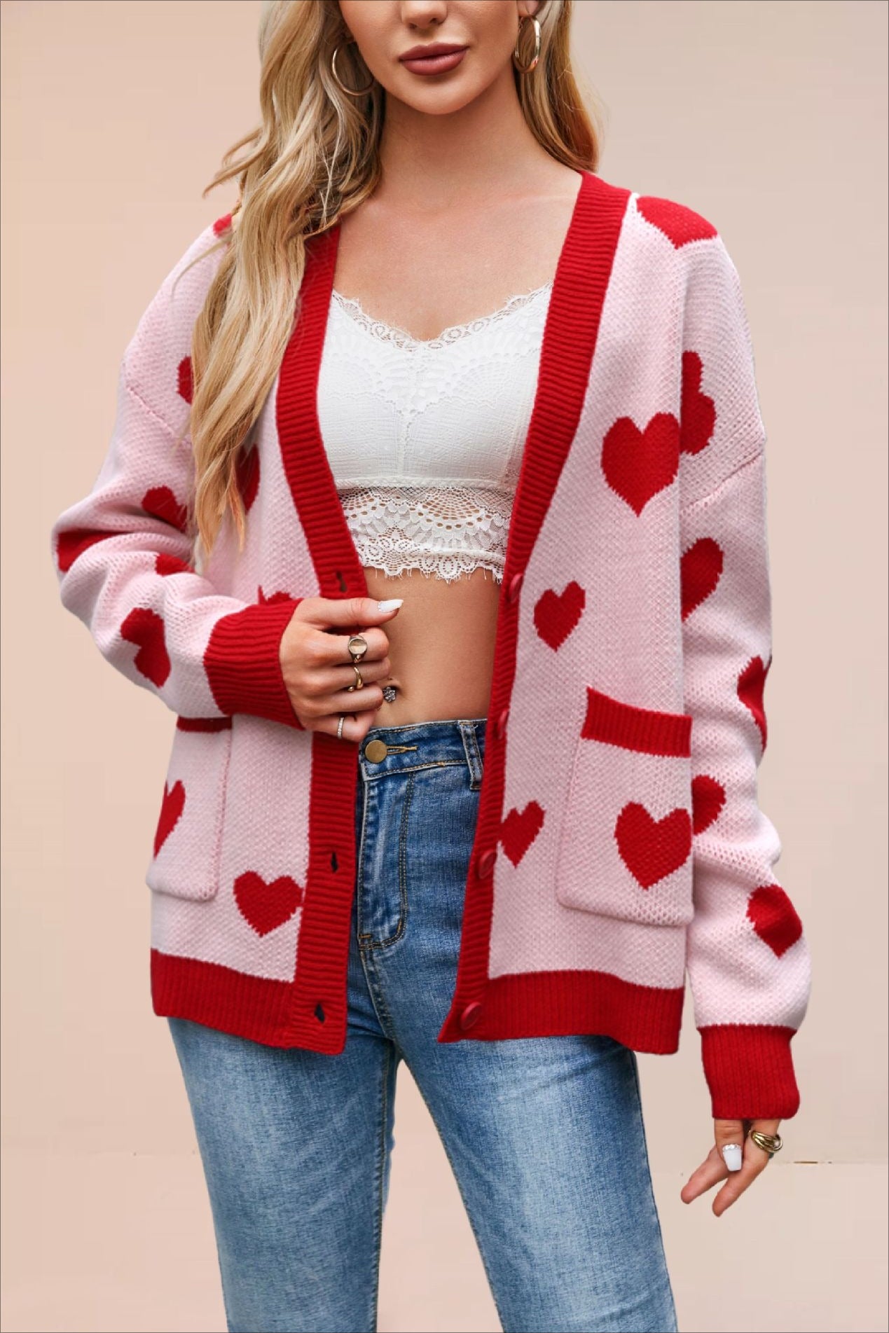 Heart Pocket V Neck Cardigan