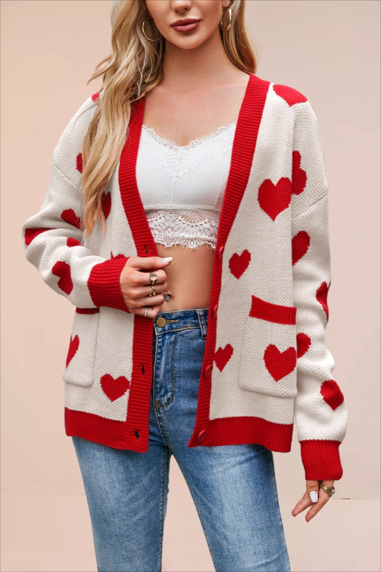 Heart Pocket V Neck Cardigan