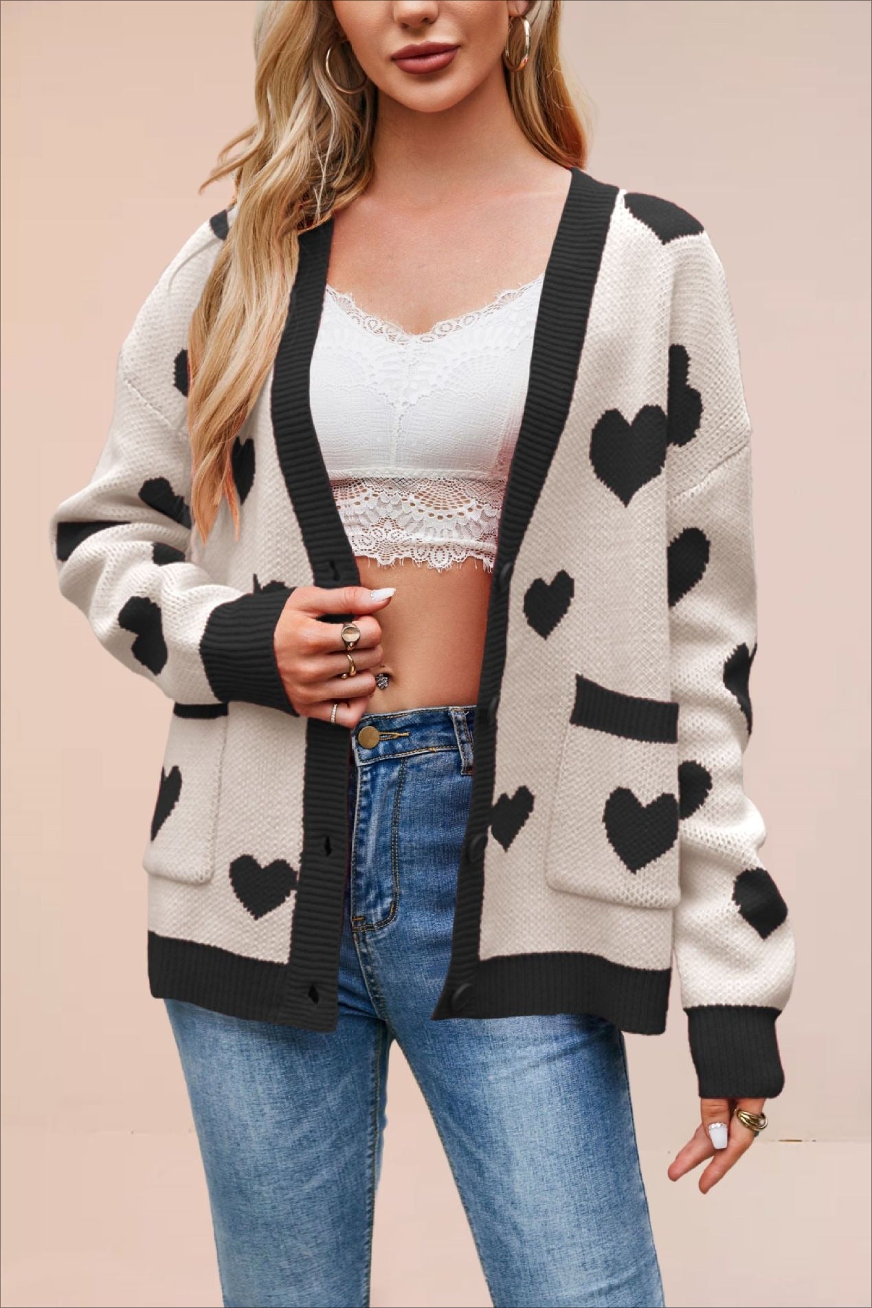 Heart Pocket V Neck Cardigan