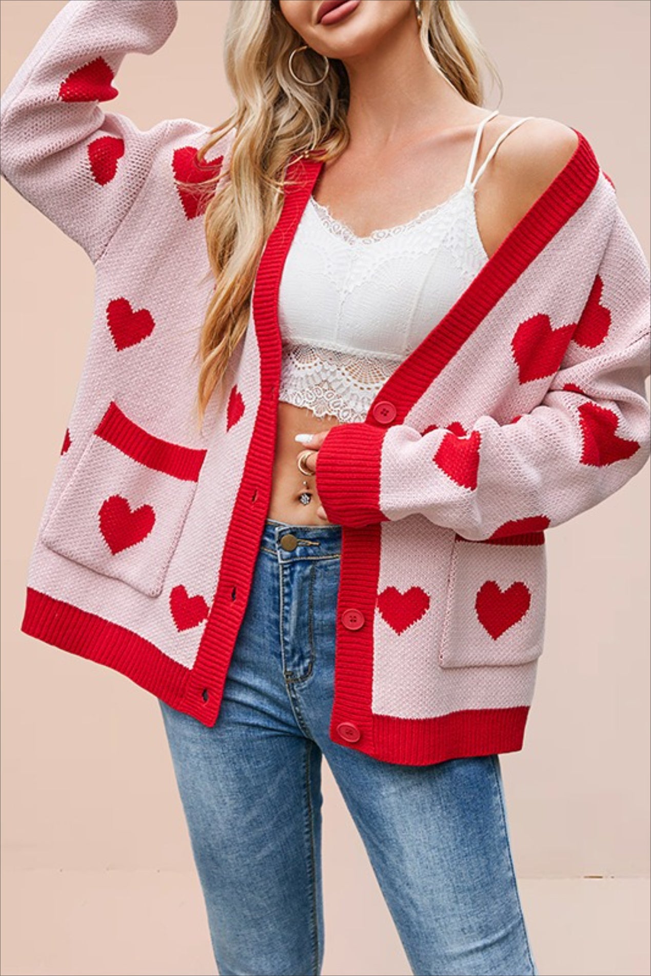 Heart Pocket V Neck Cardigan